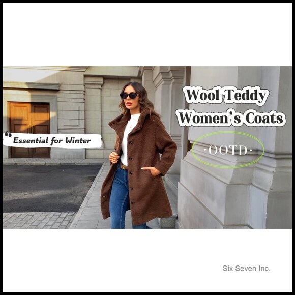 Winter Faux Fur Pea Coat with Hood, Sherpa Lining, Loose Fit Mid-Length - Picture 7 of 7